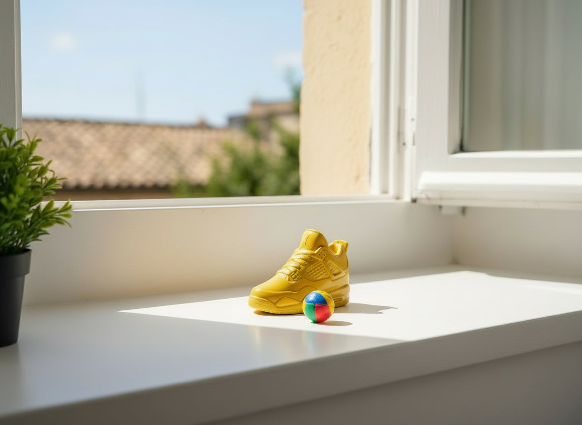 Mini sneaker Popikò in ceramica artigianale gialla lucida, fatto a mano in Italia, stile contemporaneo elegante.