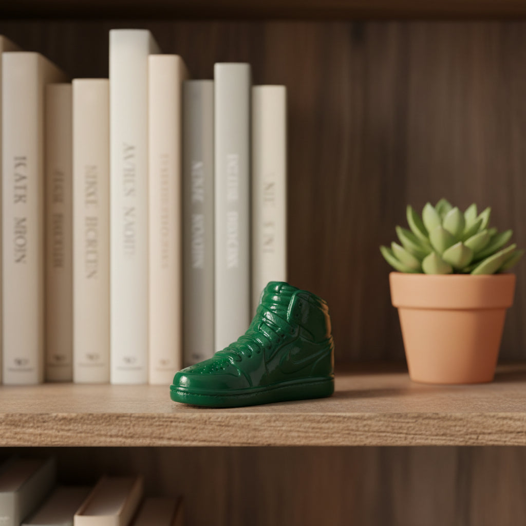 Mini sneaker Popikò in ceramica artigianale verde lucida, fatto a mano, stile contemporaneo Made in Italy.