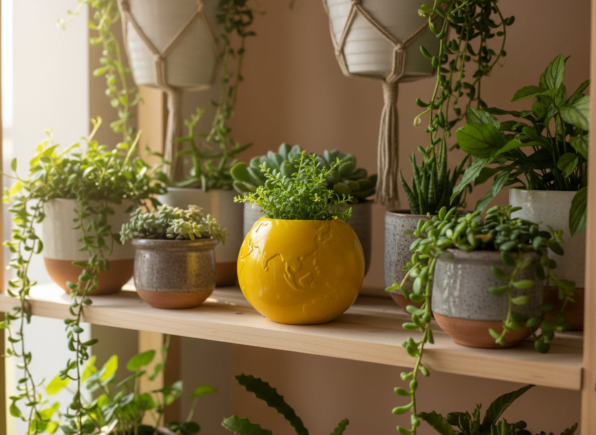 Globo in ceramica artigianale Popikò giallo lucido, coprivaso fatto a mano, stile contemporaneo Made in Italy.