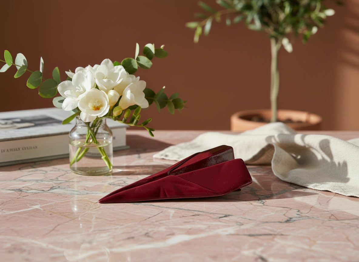 Razzetto Popikò in ceramica artigianale rossa lucida, stile contemporaneo, Made in Italy fatto a mano.