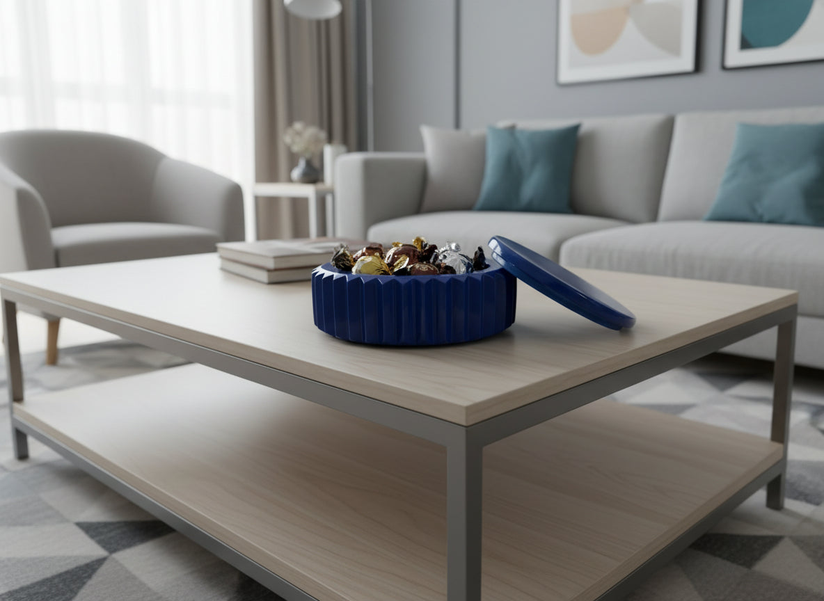 Contenitore in ceramica artigianale Popikò blu opaco con coperchio, stile contemporaneo, Made in Italy fatto a mano.