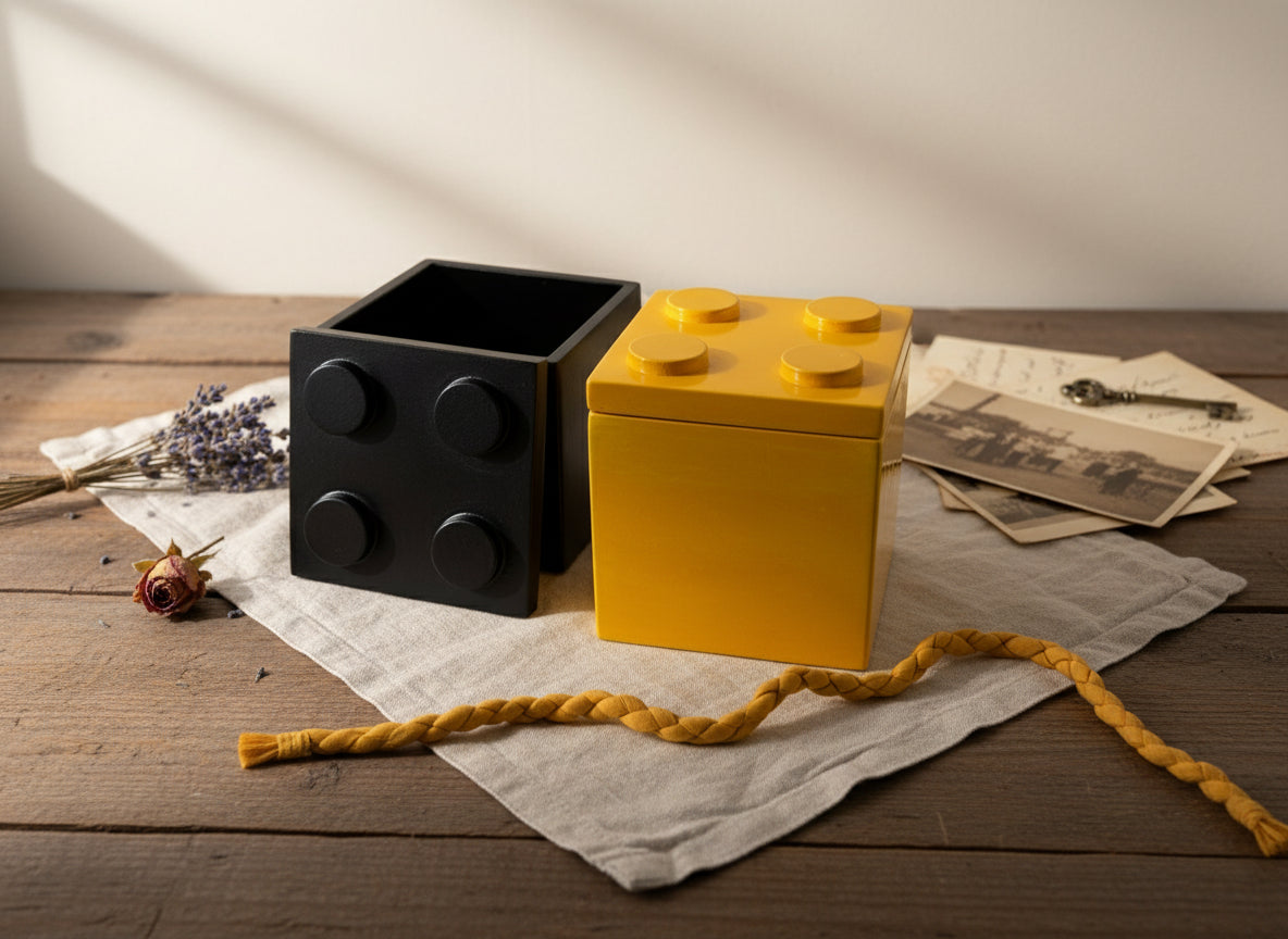 Cubo smaltato Popikò in ceramica artigianale Made in Italy, finitura lucida gialla e nera, fatto a mano, stile contemporaneo.