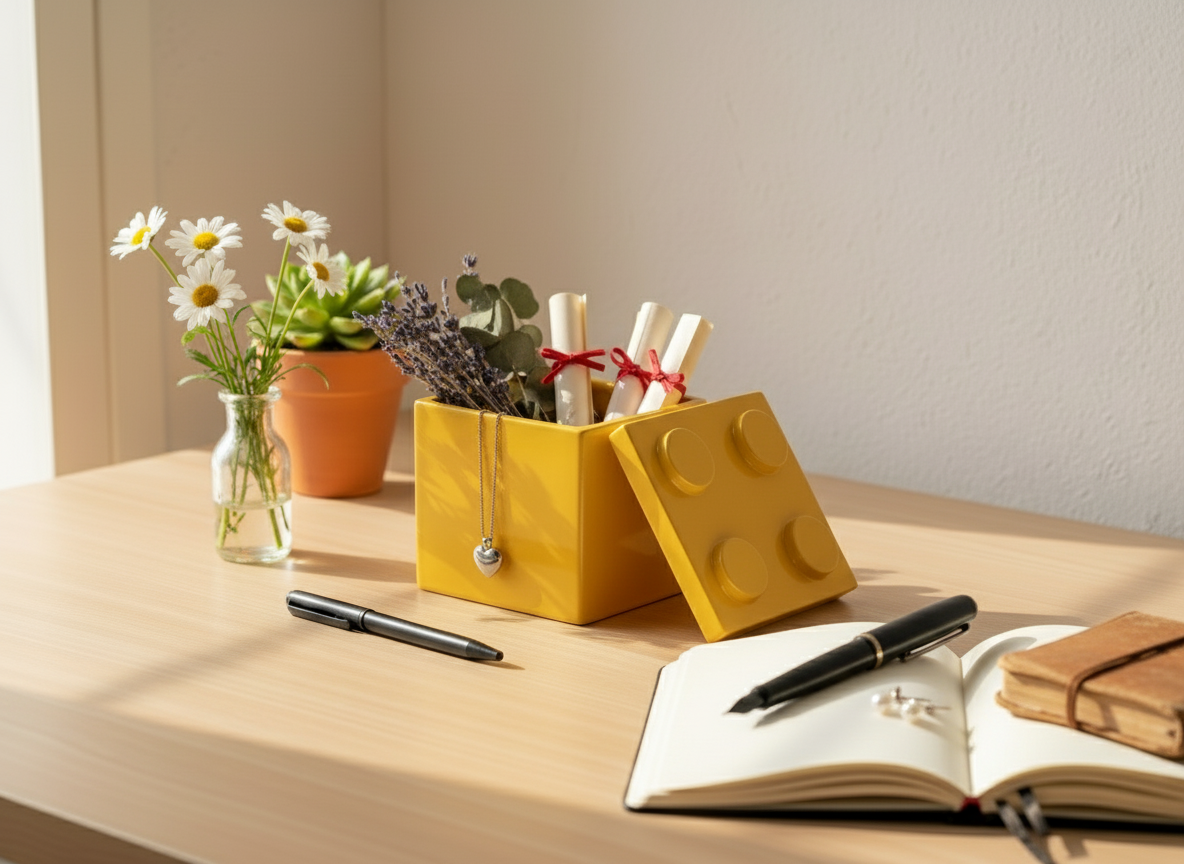 Cubo smaltato giallo Popikò in ceramica artigianale Made in Italy, finitura lucida, coperchio a incastro, stile.